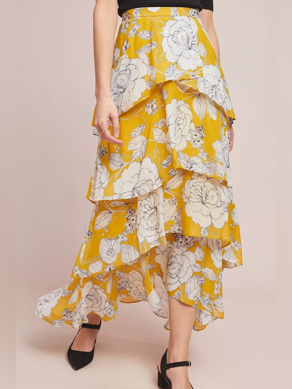 Anthropologie | Mosier Tiered Maxi Skirt Yellow Floral Tiered Maxi Skirt